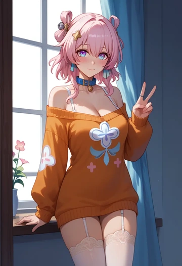 star rail,march 7th,blushing,collar,off-shoulder,sweater,stockings  - AI generated anime art